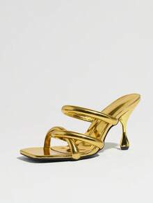 Jin Bei Qi Sandali mule da donna con punta quadrata, cinturini piatti intrecciati e tacco alto, tacchi alti dorati lucidi, adatti per occasioni estive glamour e feste, sandali con tacco alto e punta aperta - Dorato - Visualizzare 6