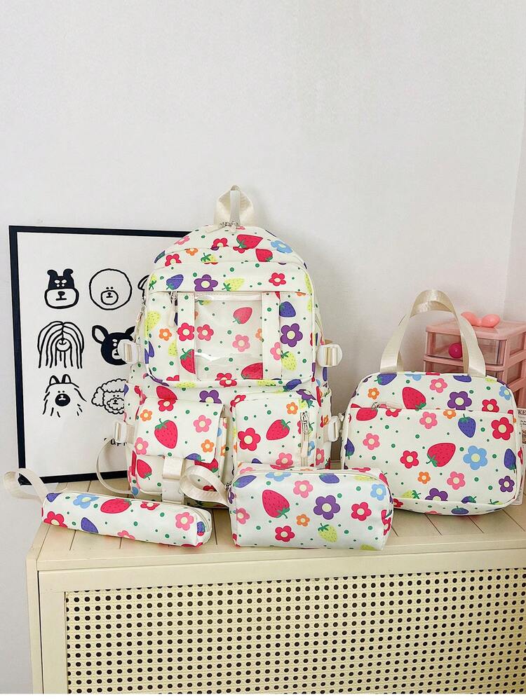 Dedoo Backpack Lunch Bag Two Pencil Cases 4Pcs,Colorful Floral Strawberry,No Pendant Clear Pocket Multi Layer Zipper Compartments,For Teen Girls SchoolDaily - Multicolor - View 7