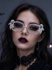 1pc Fully Rhinestone Bat Wing Halloween Cute Spooky Ghost Decorative Eyeglass Frame, Lensless Gothic Punk Halloween Horror Women's Party Photo Prop Fashion Accessory - YJK1132 - View 1