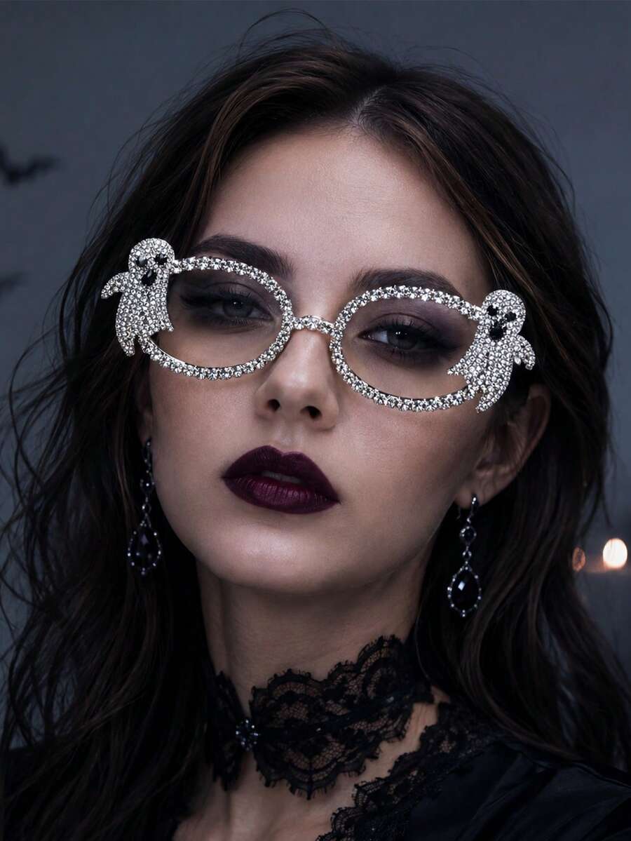 1pc Fully Rhinestone Bat Wing Halloween Cute Spooky Ghost Decorative Eyeglass Frame, Lensless Gothic Punk Halloween Horror Women's Party Photo Prop Fashion Accessory - YJK1132 - View 1
