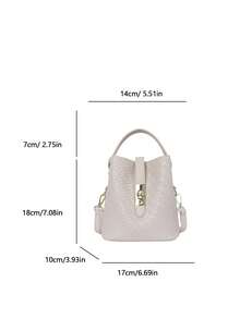 Woven PU Bucket Bag, Handheld & Shoulder Carry, Cream White Delicate Embossed Woven Small Bucket Bag, All-Season Bestseller, Suitable For Office Commute, Shopping, Gentle Date, Short Trip, Afternoon Tea, Store Visit, Targeted At 18-40 White-Collar, Moms, Students, Teachers, Fresh Girls, Metal Rotating Lock, Detachable & Adjustable Wide Crossbody Strap, Simple & Gentle Style Gift Everyday Bag - White - View 3