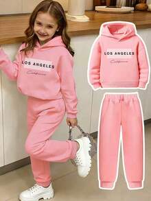 2pcs/Set Toddler Letter Print Warm Hoodie And Sweatpants Set - Pink - View 1
