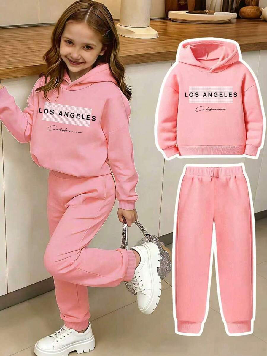 2pcs/Set Toddler Letter Print Warm Hoodie And Sweatpants Set - Pink - View 1