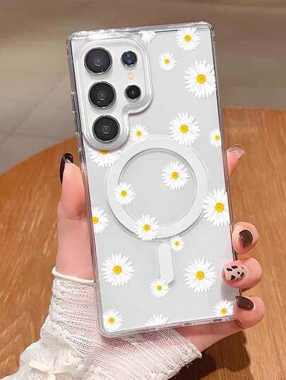 1pc Daisy Flower Magnetic Transparent Phone Case, Full Coverage Anti-Drop Phone Case. Suitable For S21/22/23/24/25/PLUS/FE/U/S25PLUSS/25U/S25DEGE/S25FE Models, Back To School Gift