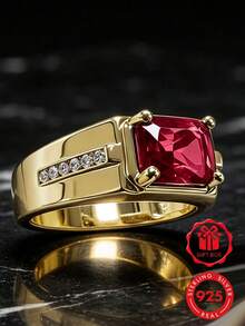 1pc 925 Sterling Silver Gold-Plated Square Cubic Zirconia Business Ring, Daily Wear Anniversary Gift, Comes With Gift Box - Gold - View 3