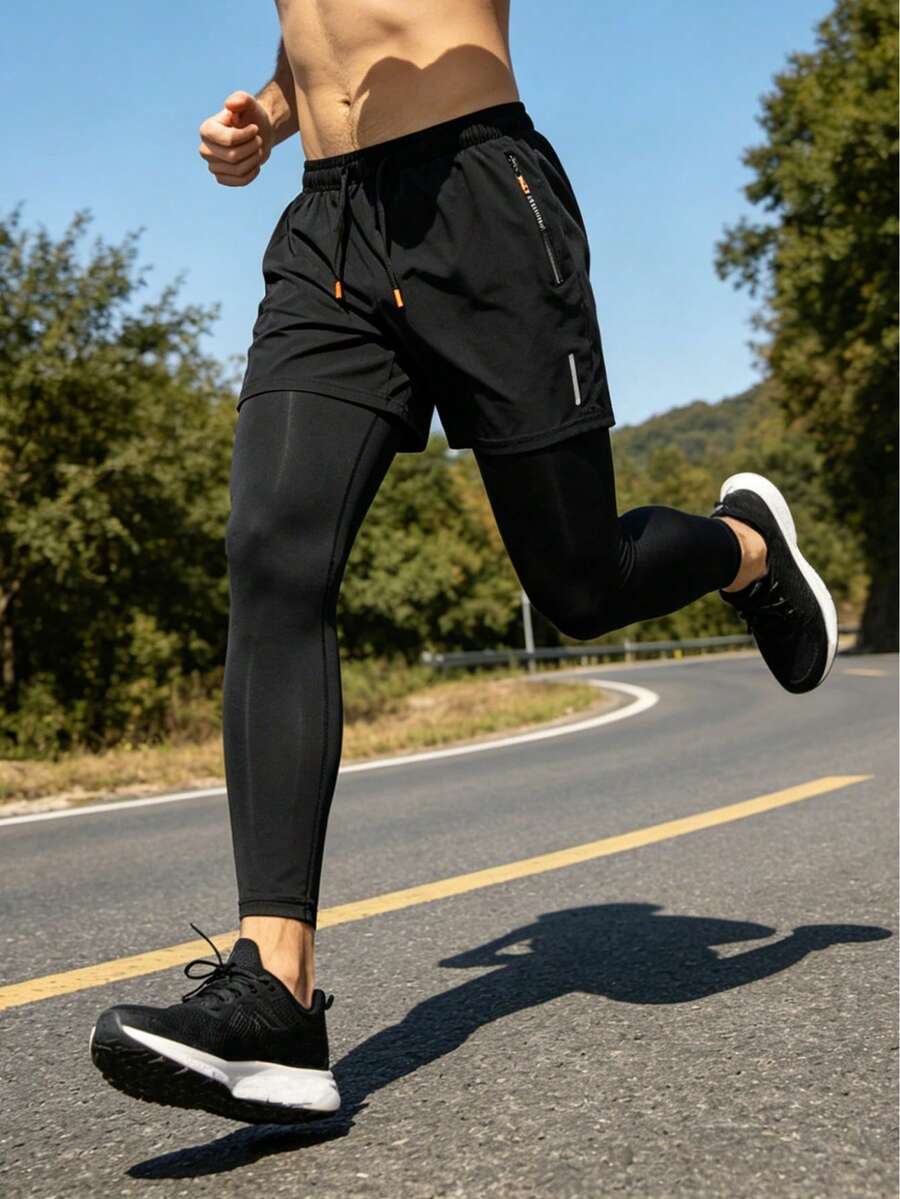 Men's Black 2 In 1 Sports Pants With Zipper Pockets, Reflective Stripes, Drawstring Waist, Fitness Running Training Pants - Black - View 1