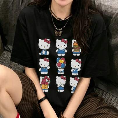 卒業シーズン 女の子用 コットン かわいい半袖Tシャツ、サンリオ ハローキティ柄プリント、甘めガーリースタイル