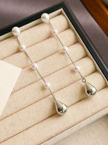 1 Pair Faux Pearl Tassel Long Water Drop Earrings, Korean Style Dangle Earrings, Elegant High-End Pendant Jewelry For Women's Daily Casual Wear - Tassel Pearl Teardrop Style - View 4