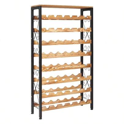 48 Bottle Wine Rack, 8-Tier Wine Bottle Holder, Freestanding Floor Display Wine Storage Shelves With Wood Table Top, Kitchen Pantry, Cellar, Bar, Dining Room, Living Room, Black