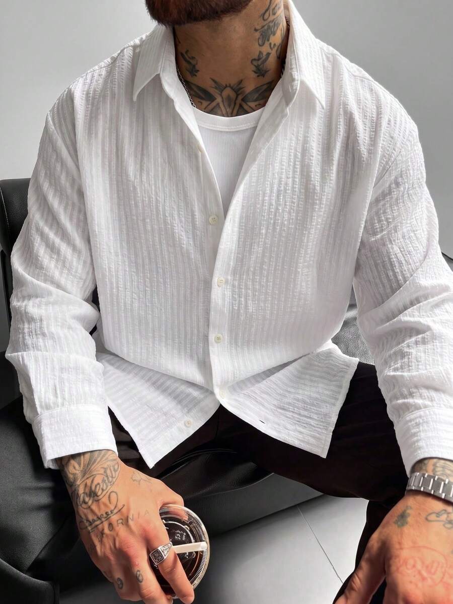 Men's Solid Color Single-Breasted Casual Versatile Daily Long Sleeve Shirt, White Casual Long Sleeve Shirt - White - View 1