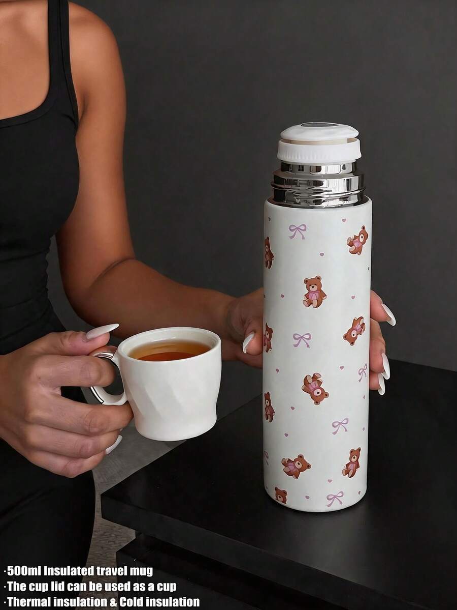 1pc 500ml/16.91oz Teddy Bear Series Insulated Cup, Cold-Preserving Cup With Drinkable Lid, Original Double-Wall Stainless Steel Water Bottle, Vacuum Flask Travel And Outdoor Cup, Gym And Outdoor Sports Cup, Flat Bottom Cup, Car Cup, Winter And Summer Drinkware, Holiday Gift, Birthday Gift - Multicolor - View 1