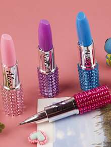 Custom Text Logo Creative Stationery Cartoon Cute Korean Style Lipstick Shaped Rhinestone Ballpoint Pen 1mm Thickness Blue Ink Lipstick Shaped Gift Pen Office Pen, Couples, Spouses, Colleagues, Friends, Elders, Children, Classmates, Teachers - Multicolor - View 9