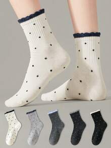 ZUJO 3 Pairs Sweet Women's Mid-Calf Socks, Polka Dot Pattern Bubble Lace Short Socks, Simple And Comfortable, Suitable For Spring, Autumn, Winter Sports Wear, Random Color - Multicolor - View 1