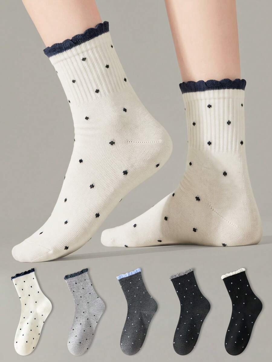 ZUJO 3 Pairs Sweet Women's Mid-Calf Socks, Polka Dot Pattern Bubble Lace Short Socks, Simple And Comfortable, Suitable For Spring, Autumn, Winter Sports Wear, Random Color - Multicolor - View 1