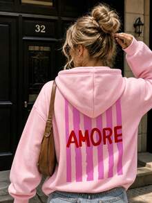1pc Women's Light Pink Hoodie, Magenta Vertical Stripe Amore Text Print, Sweet Y2K Style, Suitable For Campus, Date, Travel And Daily Casual Wear Fall - Pink - View 6