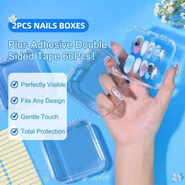 2pcs Press On Nail Storage Box, Clear Artificial False Nail Display Organizer Case, Dustproof Portable Storage Container For Handmade Wearable Nails, Nail Salon & Home DIY Nail Art Supplies