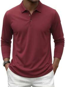 Men's Solid Color Classic Long Sleeve Polo Shirt, Simple Mature Style Fit, Fine Skin-Friendly Smooth Breathable Fabric, Suitable For Young And Middle-Aged Men's Office, Weekend, Daily Wear - Red - View 6