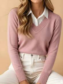 Women's Sweater With Collar, Blouse, Elastane, Simple, Polyester, V-Neck, Formal And Evening, Winter - 淺粉色 - 查看 2