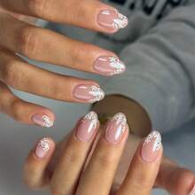 24Pcs Short Oval Press On Nails Set, 3D Embossed White French Flower Pattern Fake Nails, Fresh Minimalist Pastoral Style Nails With Pearlescent Effect, Add Elegance And Softness To Your Look, Perfect For Summer Daily Wear - 白色 - 查看 10