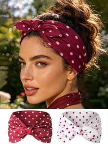 2Pcs Women's Polka Dot Rabbit Ear Wide Headband, Casual Daily Hair Accessory - Multicolor - View 7