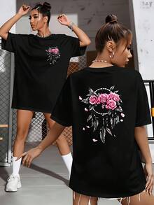 Übergroßes T-Shirt für große Größen, lockeres Kurzarm-T-Shirt mit süßem und kräftigem rosa Traumfänger-Print, Plus-Size-Oberteil für Damen, Frühling/Sommer, übergroßer, verlängerter Schnitt, geeignet für Freize - Schwarz - Übersicht 1
