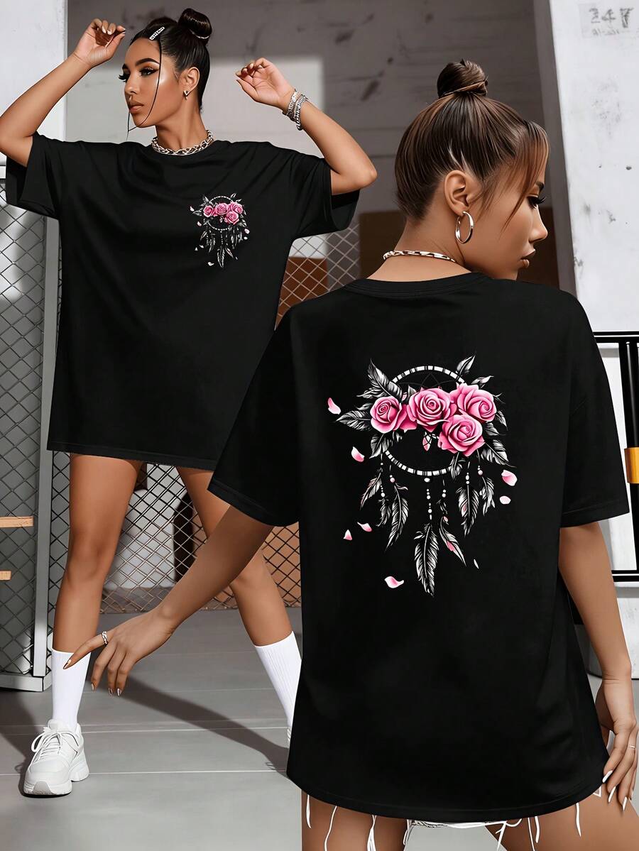 Übergroßes T-Shirt für große Größen, lockeres Kurzarm-T-Shirt mit süßem und kräftigem rosa Traumfänger-Print, Plus-Size-Oberteil für Damen, Frühling/Sommer, übergroßer, verlängerter Schnitt, geeignet für Freize - Schwarz - Übersicht 1