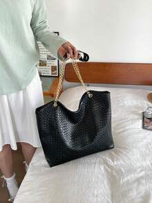 Vintage Black Woven Texture Daily Commute Versatile Large Capacity Tote Bag - Black - View 9
