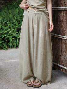 Women's Summer Drapey Straight Leg Casual Pants, Design-Focused Wide Leg Loose Fit Slimming Versatile Airy Pants - Light Brown - View 1
