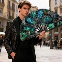 1PC Peacock Feather Handheld Fan, Gorgeous High-End Material, Suitable For Carnival, Festivals, Gifts For Friends And Music Lovers, Versatile For - Black - View 7