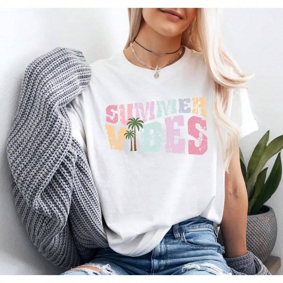 T-shirt ambiance estivale, T-shirt de plage, T-shirt d'été pour femmes, T-shirt esthétique d'été, T-shirt tendance été 2026, T-shirt ambiance plage estivale, Décontracté quotidien - Blanc - Voir 1
