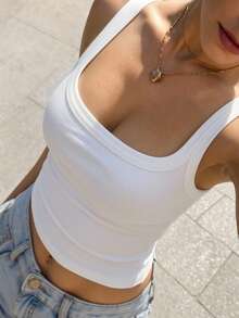 Women's Summer Minimalist Solid Color Versatile Round Neck Fitted Camisole - White - View 2