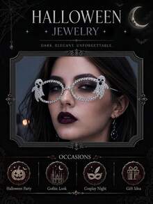 1pc Fully Rhinestone Bat Wing Halloween Cute Spooky Ghost Decorative Eyeglass Frame, Lensless Gothic Punk Halloween Horror Women's Party Photo Prop Fashion Accessory - YJK1132 - View 4
