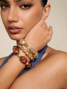 Altistry 3pcs Set Fashion Retro Exaggerated Bohemian Thick Multi-Layer Acrylic Beaded Bracelets For Women - Multicolor 3-piece Bracelet Set - View 2