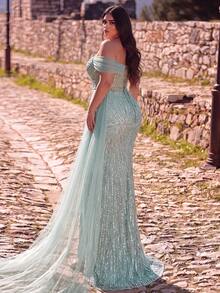 Faeriesty Luxury Plus Size Sequin & Beaded Open Shoulder Neckline Side Slit Evening Gown Party Wedding Fall - Green - View 3