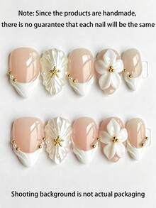 10 Peças Unhas Postiças de Amêndoa Feitas à Mão, Unhas Falsas com Ponta Francesa Nude e Branca, Flor de Plumeria Branca 3D, Concha, Estrela-do-Mar, Pérola Dourada, Conta, Folha em Relevo, Brilhante, Reutilizável, para Casamento na Praia, Manicure Elegante para Mulheres - Branco - Visão 1