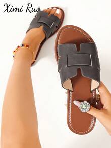 Ximi Ruo Korean Style Casual Flat Slide Sandals For Women, Summer Open Toe Woven Roman Sandals, Spring/Summer New Fashion French Style Brown Flat Slippers For Outings, Beach, Apartment, Matching With Skirts - Grey - View 6