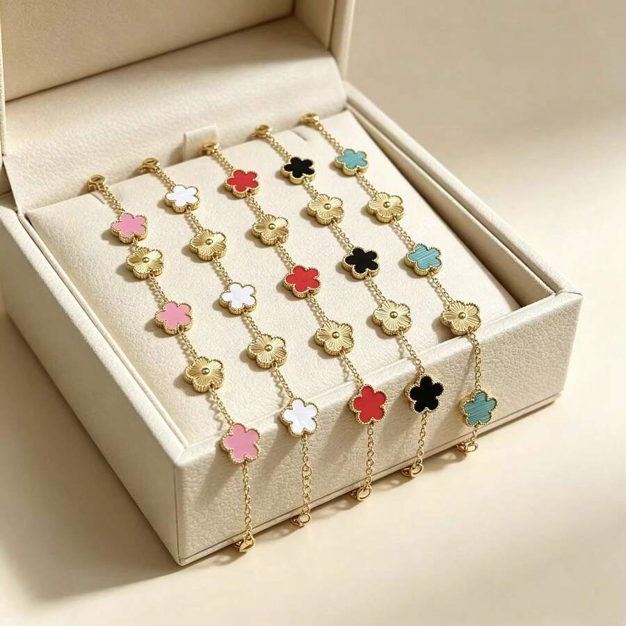 1pc Clover Lucky Double-Sided Wearable Stainless Steel Bracelet With Adjustable Extension Chain, Multi-Color Options, Women's Fashion Jewelry - Multicolor - View 1