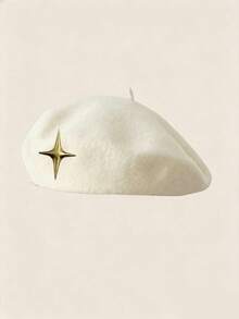 1件男士秋冬星星與南瓜貝雷帽，日系休閒羊毛保暖帽，高級小眾設計，復古可拆卸帽子 - 多色 - 查看 7