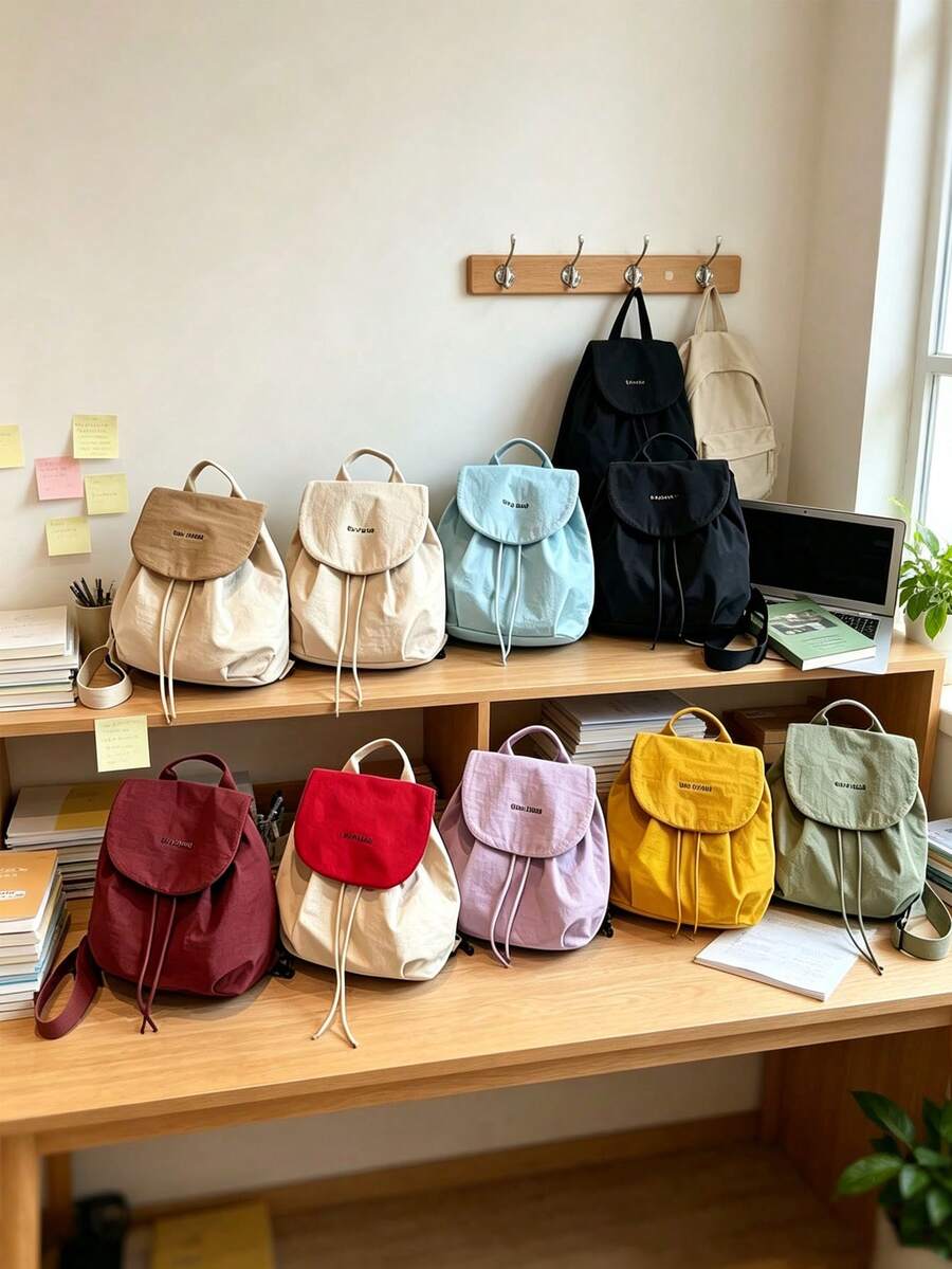 1pc/8pcs Minimalist Solid Color Drawstring Flap Backpack, Soft Lightweight Nylon Casual Shoulder Bag, Large Capacity Foldable Laptop Bag, Adjustable Shoulder Straps, Simple Student Campus Travel Back To School Daily Accessory