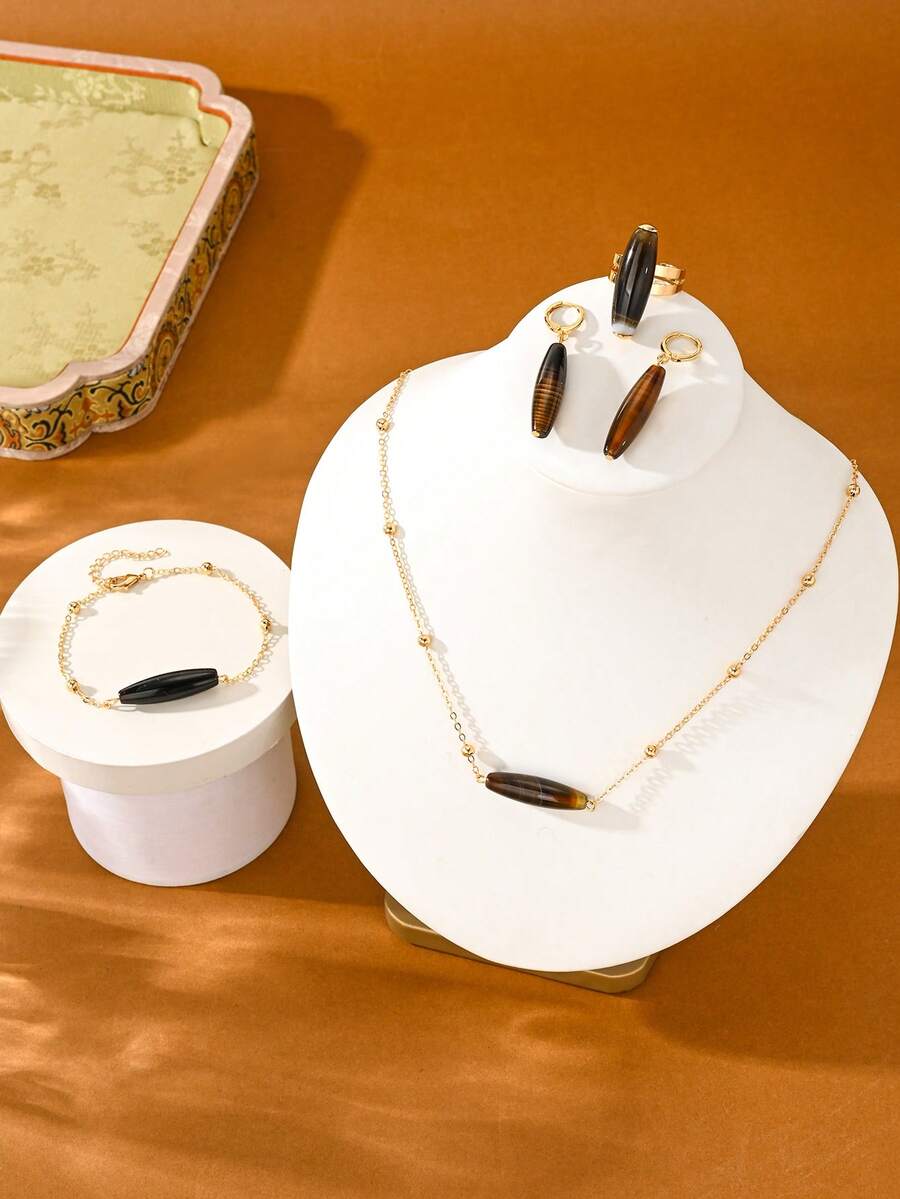 Novo Conjunto de Pulseira, Colar, Brincos, Anel e Joias para Mulheres, Estilo Boêmio, Série Crush, Adequado para Uso Diário e Presentes de Feriado. - Dourado - Visão 1