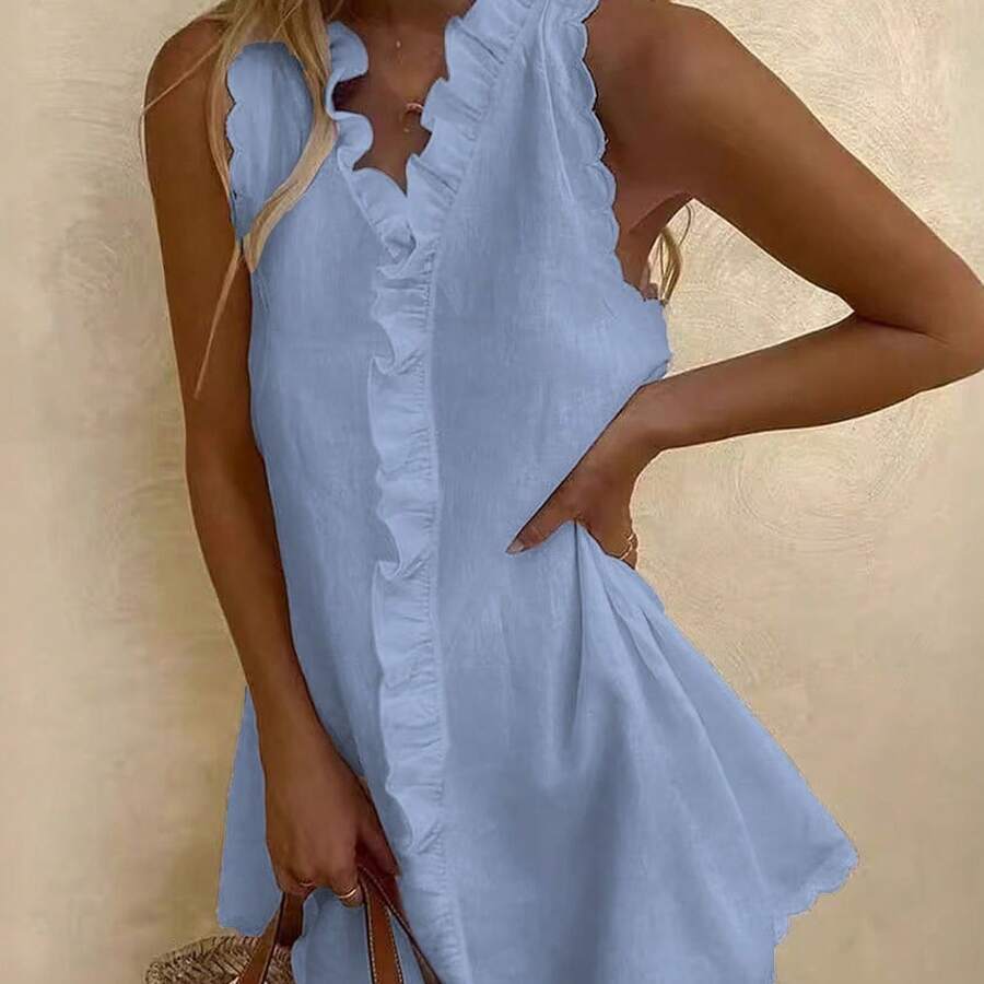 2026 Summer Sleeveless V Neck Ruffle Trim Mini Dress, Scalloped Hem Loose Linen Short Dress, Casual Beach Cover Up For Vacation & Daily Outfit - 藍色 - 查看 1