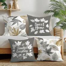 Ensemble de 4 housses de coussin vintage gris-brun avec motif feuille Sweet Home, imprimé unilatéral en velours peau de pêche, 45*45CM/18*18 pouces, housses de coussin pour canapé en tissu moderne, décoration intérieure, décoration de fête, cadeau - Multicolore - Voir 1
