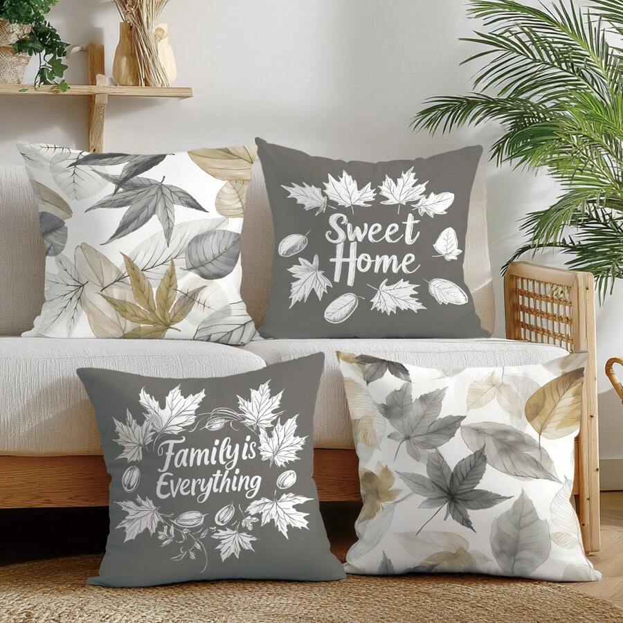 Ensemble de 4 housses de coussin vintage gris-brun avec motif feuille Sweet Home, imprimé unilatéral en velours peau de pêche, 45*45CM/18*18 pouces, housses de coussin pour canapé en tissu moderne, décoration intérieure, décoration de fête, cadeau - Multicolore - Voir 1
