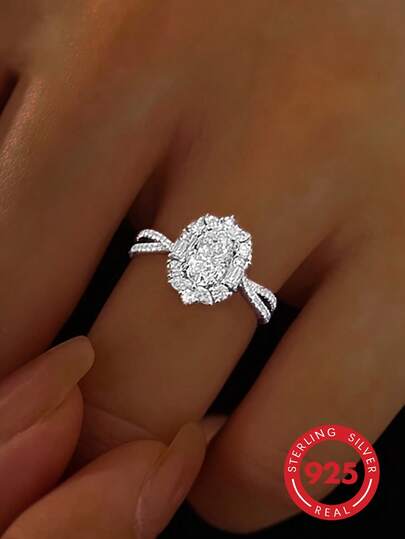 1pc 925 Sterling Silver Oval Main Stone Sunflower Full Diamond Engagement Ring, Luxury Women's Heart-Shaped Band Moissanite Ring, Wedding Proposal Couple Gift Jewelry