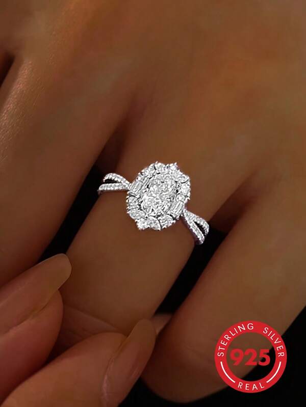 1 pieza Anillo de compromiso de plata de ley 925 con piedra principal ovalada de girasol y diamantes completos, anillo de moissanita con banda en forma de corazón de lujo para mujer, regalo de joyería para propuesta de boda en pareja
