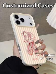 1pc Customizable Text Ins-Style Pink Polka Dot Striped Ballet Shoes Pattern Phone Case Protective Cover, Suitable For IPhone 17 Pro Max/17 Air/16E/16 Pro Max/15/14 Plus/13/12/11, S24/20 Ultra/A52S/A31/A21S/A13/A05S, Note 13 Pro Plus/Note 10/Note 12C/Note 13C, Made Of TPU Material, Fashionable Personalized Anti-Drop, Suitable For Personal Use And As Holiday Gifts For Family, Friends, Besties, Suitable For Various Occasions - White - View 2