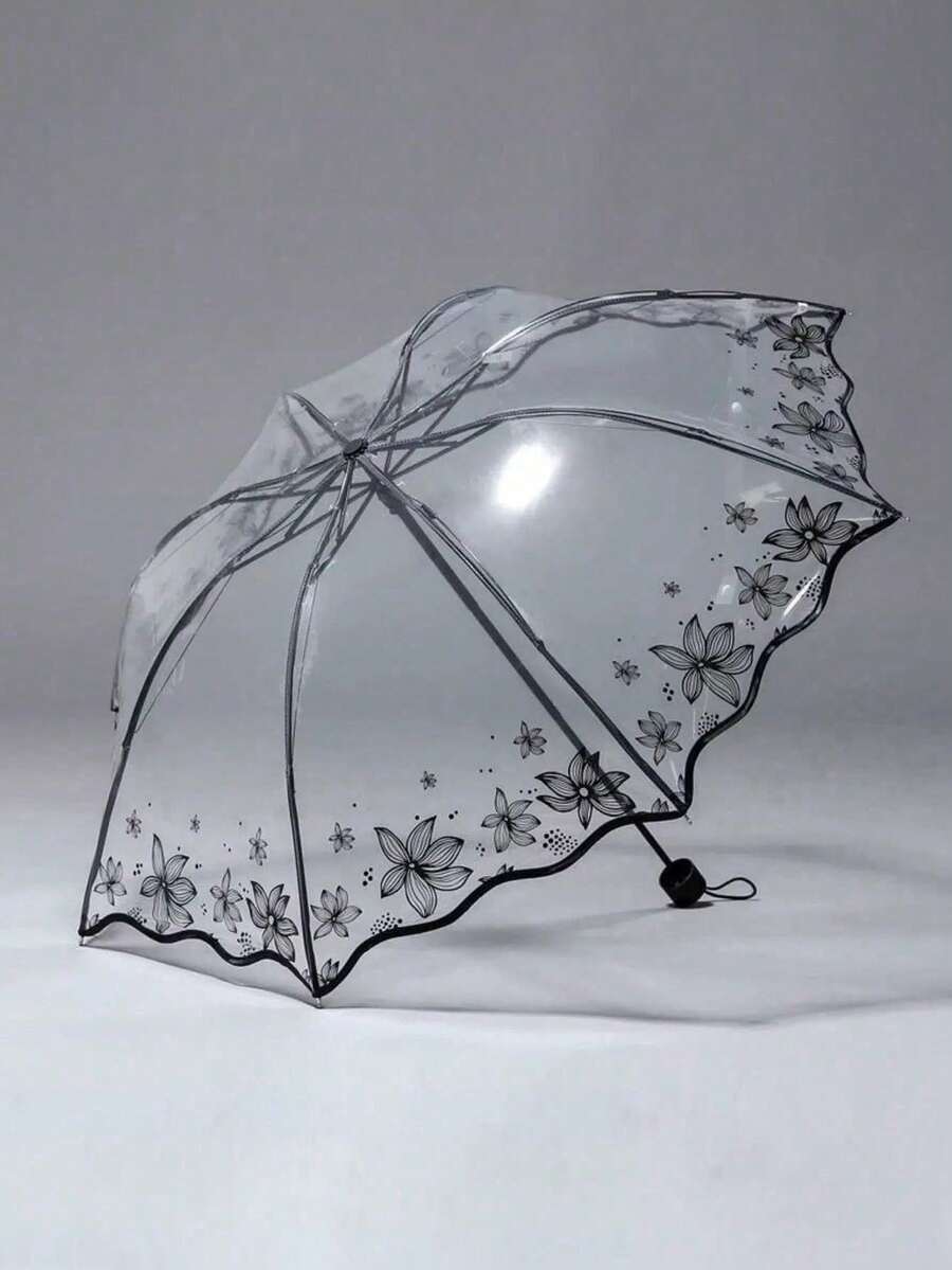 Manual Open Folding Umbrella, Waterproof Transparent Plastic Umbrella, Elegant Print - Lightweight & Compact, Suitable For Men And Women - A - View 1