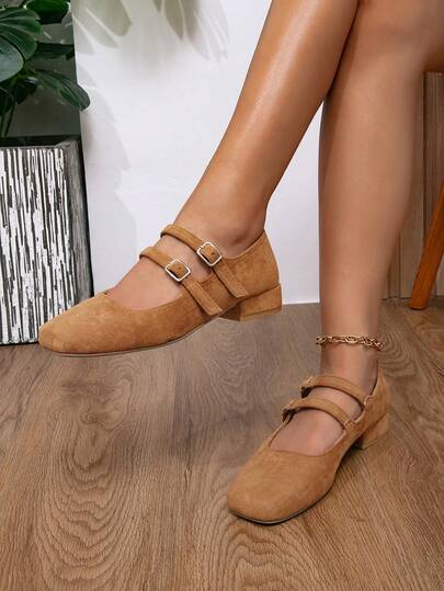 French Mary Jane Leather Shoes, All-Season New Vintage Suede Chunky Heel Square Toe Low Heel Casual Loafers, Shoes