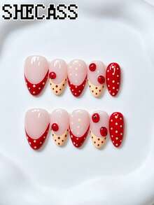 Uñas postizas Shecass de presión francesa color albaricoque nude rojo crema con lunares, decoración 3D de mariquita, estilo japonés lindo, vintage campestre dulce, brillantes, hechas a mano, reutilizables, para manicura diaria de primavera, festival de música, vuelta a clases, estilo Y2K, uñas de verano - Multicolor - Ver 1