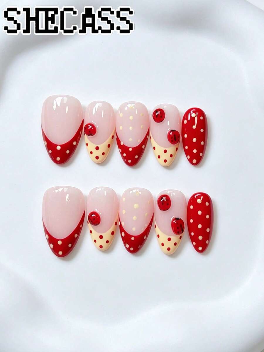 Uñas postizas Shecass de presión francesa color albaricoque nude rojo crema con lunares, decoración 3D de mariquita, estilo japonés lindo, vintage campestre dulce, brillantes, hechas a mano, reutilizables, para manicura diaria de primavera, festival de música, vuelta a clases, estilo Y2K, uñas de verano - Multicolor - Ver 1